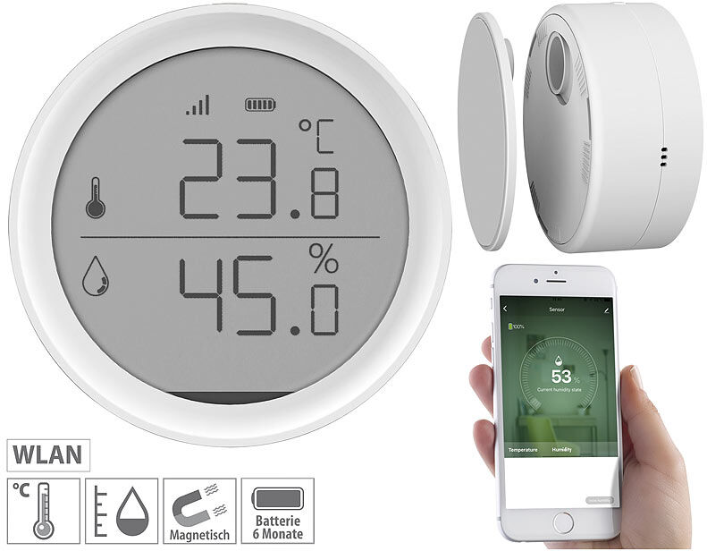 Luminea Home Control WLAN-Temperatur- & Luftfeuchtigkeits-Sensor mit App, 15-Tage-Speicher