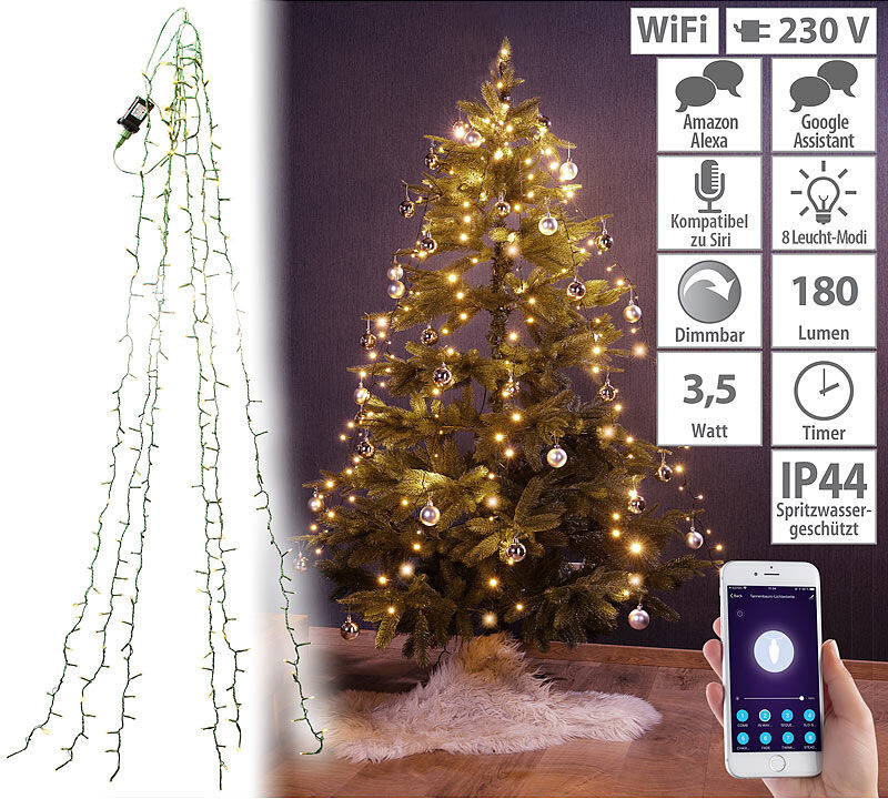 Lunartec WLAN-Tannenbaum-Überwurf-Lichterkette mit App, 6 Girlanden, 180 LEDs