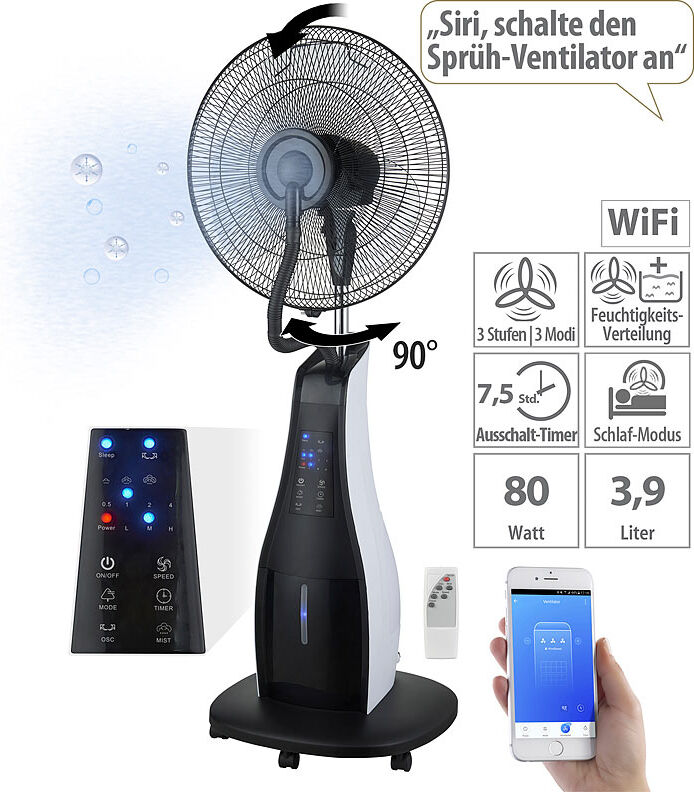 Sichler Haushaltsgeräte Stand-Sprühnebel-Ventilator mit Oszillation, WLAN, App, Timer, 80 Watt