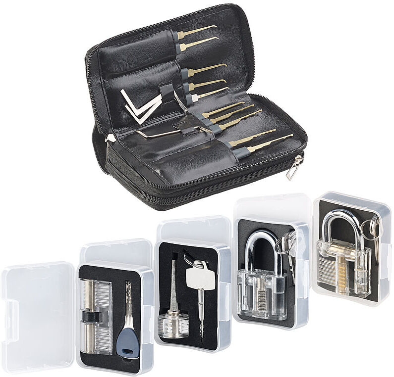 AGT Profi-Lockpicking-Set mit 32 Werkzeugen und 4 Übungsschlössern