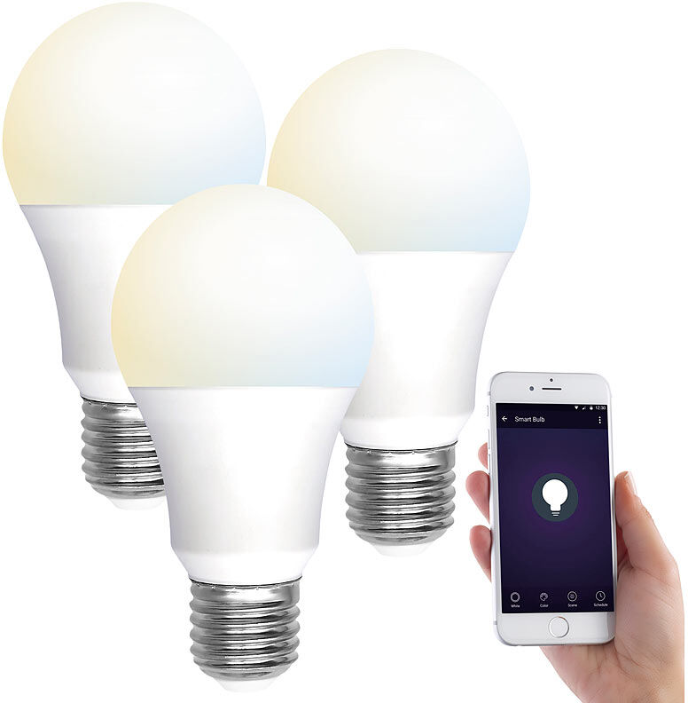 Luminea Home Control 3er-Set WLAN-LED-Lampen, E27, 800lm, für Alexa & Google Assistant, CCT