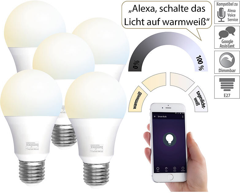 Luminea Home Control 5er-Set WLAN-LED-Lampen, E27, 800lm, für Alexa & Google Assistant, CCT