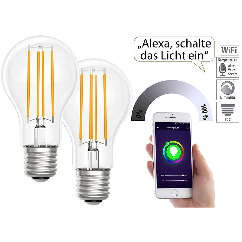 Luminea Home Control LED-Filament-Lampe, komp. zu Amazon Alexa / GA, 2700 K 2er-Set