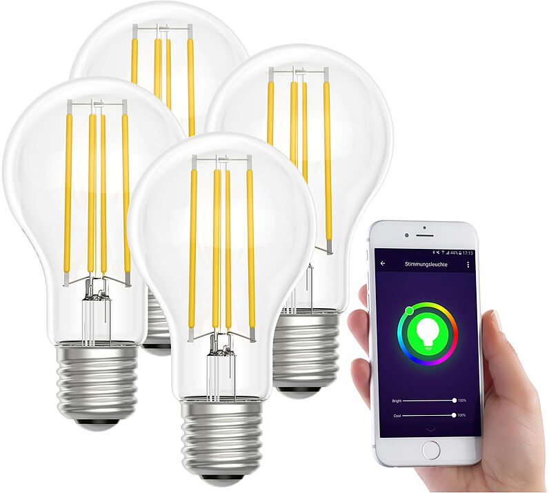 Luminea Home Control LED-Filament-Lampe, komp. zu Amazon Alexa / GA, 6500 K 4er-Set