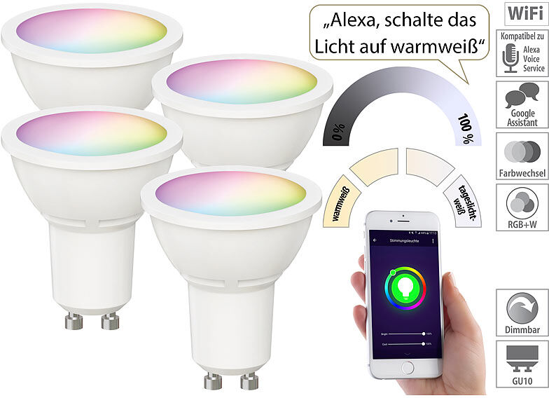 Luminea Home Control 4er-Set WLAN-LED-Spots für Amazon Alexa & GA, GU10, RGB, CCT, 5 Watt