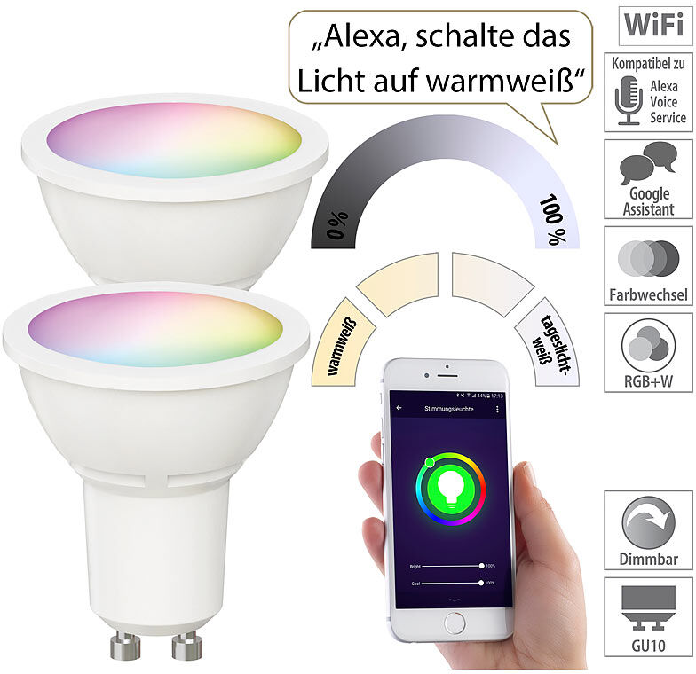 Luminea Home Control 2er-Set WLAN-LED-Spots für Amazon Alexa & GA, GU10, RGB, CCT, 5 Watt