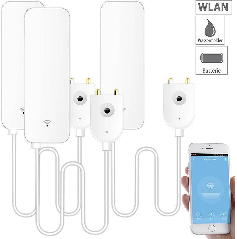 Luminea Home Control 3er-Set WLAN-Wassermelder, externer Sensor, App,2 Jr. Batterielaufzeit