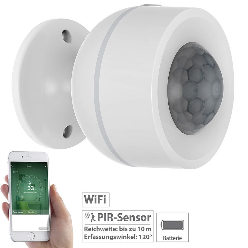 Luminea Home Control 3in1-WLAN-PIR-Bewegungsmelder, Temperatur- & Luftfeuchtigkeits-Sensor