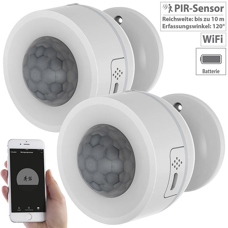 Luminea Home Control 2er-Set WLAN-Bewegungsmelder, Temperatur- & Luftfeuchtigkeits-Sensor