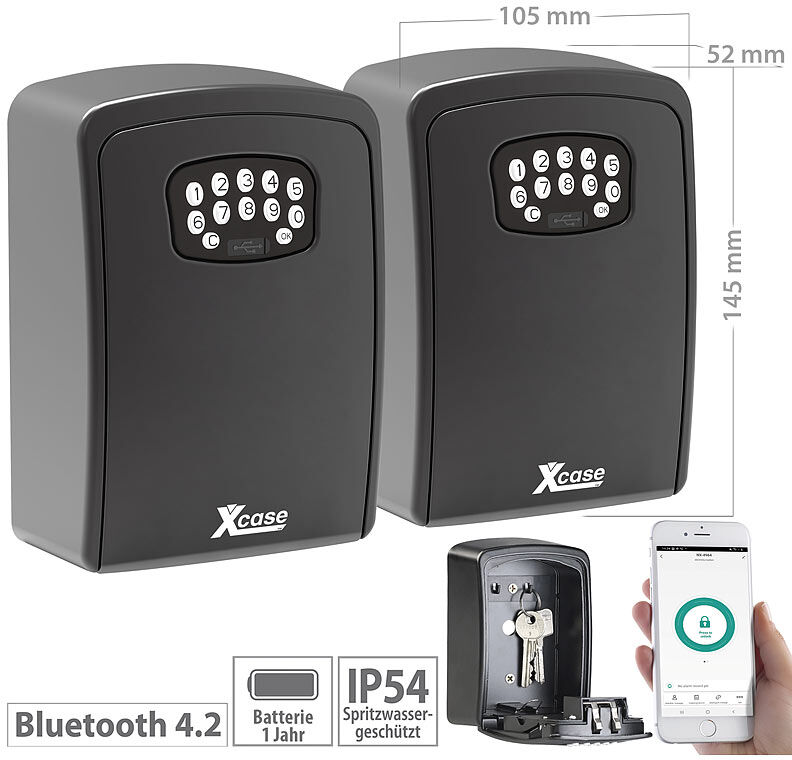 Xcase 2er Set Mini-Schlüssel-Safe mit Bluetooth und App, IP54