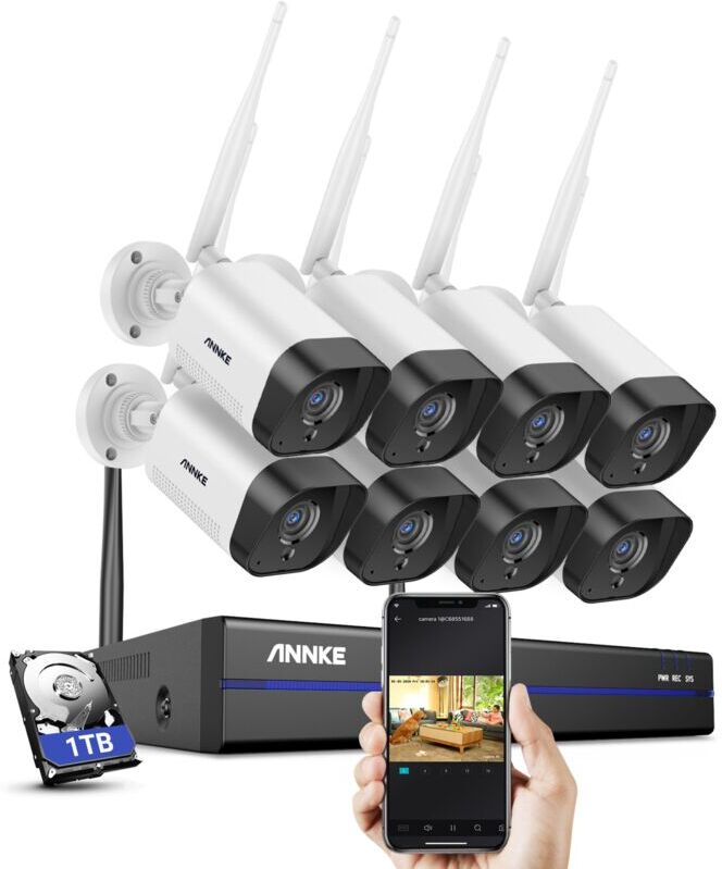 ANNKE Sistema de cámara de seguridad ip WiFi de 8 canales con 8 cámaras de vigilancia inalámbricas para interiores y exteriores de 3MP con disco duro de