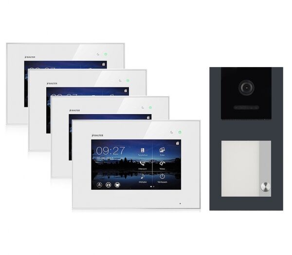 BALTER EVO Aufputz Video Türsprechanlage 2-Draht BUS für 1-Familienhaus mit 4x7" Touchscreen Monitor und Hauptstromverteiler (Türstation Farbe : Grau)