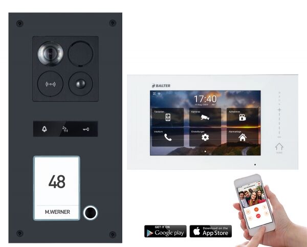 Video Türsprechanlage mit Smartphone App für 1 Familienhaus mit Bewegungsmelder, 1x Monitor, Balter ERA WLAN (Türstation Farbe : Schwarz / RFID Schlüssel: 7)