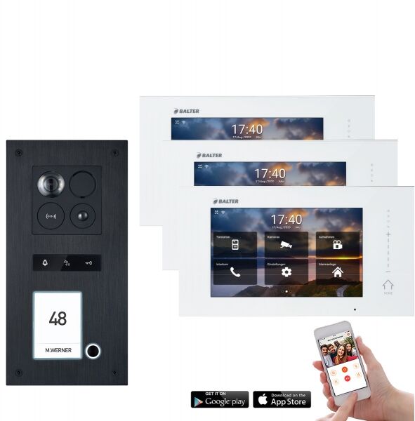 Video Türsprechanlage mit Smartphone App für 1 Familienhaus mit Bewegungsmelder, 3x Monitore, Balter ERA WLAN (RFID Schlüssel: 7 / Türstation Farbe : Silber)