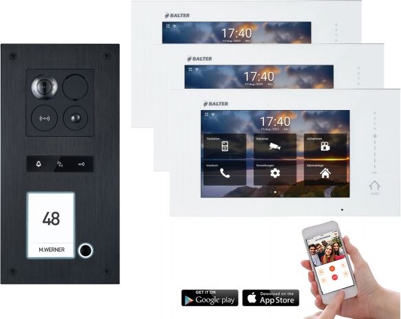 Video Türsprechanlage mit Smartphone App für 1 Familienhaus mit Bewegungsmelder, 3x Monitore, Balter ERA WLAN (Türstation Farbe : Schwarz / RFID Schlüssel: 8)