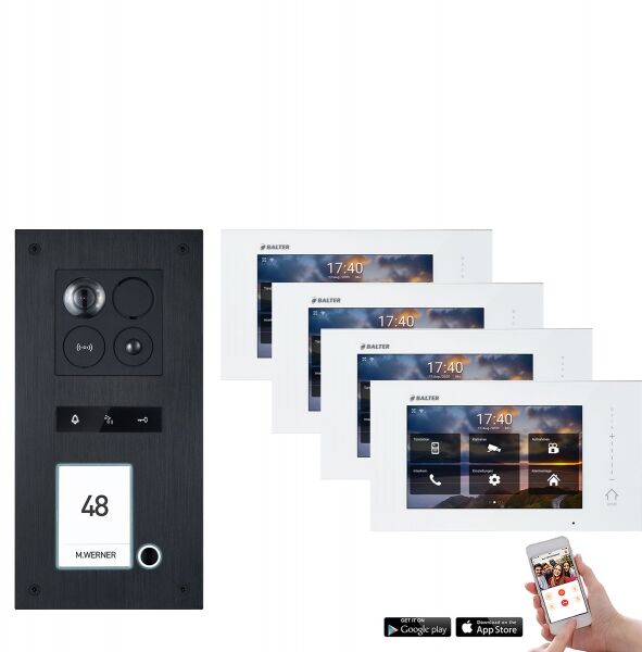 Video Türsprechanlage mit Smartphone App für 1 Familienhaus mit Bewegungsmelder, 4x Monitore, Balter ERA WLAN (RFID Schlüssel: 9 / Türstation Farbe : Silber)