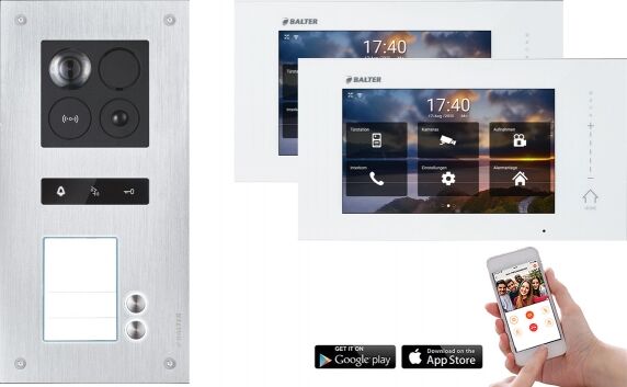 Video Türsprechanlage mit Smartphone App für 2 Familienhaus mit Bewegungsmelder, 2x Monitore, Balter ERA WLAN (RFID Schlüssel: 7 / Türstation Farbe : Silber)
