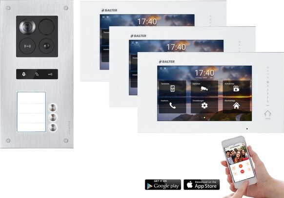 Video Türsprechanlage mit Smartphone App für 3 Familienhaus mit Bewegungsmelder, 3x Monitore, Balter ERA WLAN (RFID Schlüssel: 5 / Türstation Farbe : Silber)