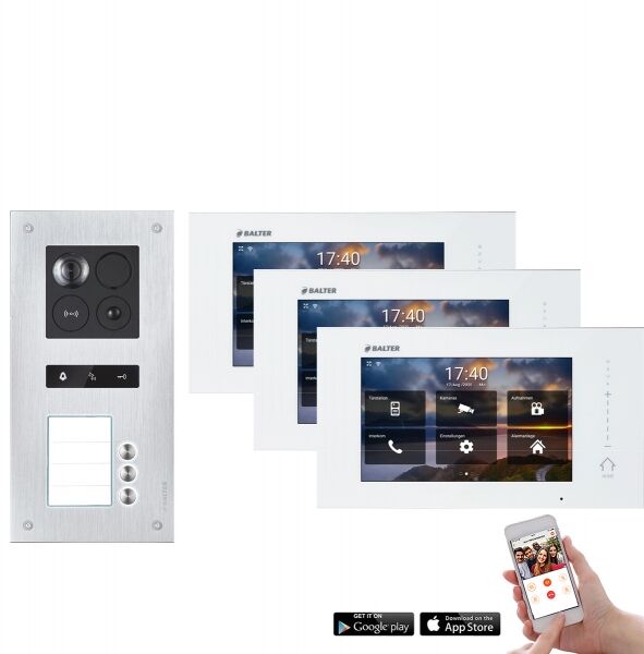 Video Türsprechanlage mit Smartphone App für 3 Familienhaus mit Bewegungsmelder, 3x Monitore, Balter ERA WLAN (RFID Schlüssel: 10 / Türstation Farbe : Silber)
