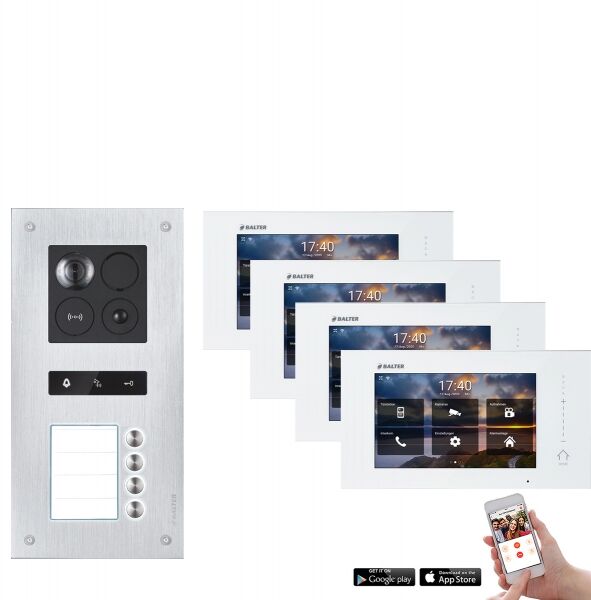 Video Türsprechanlage mit Smartphone App für 4 Familienhaus mit Bewegungsmelder, 4x Monitore, Balter ERA WLAN (Türstation Farbe : Schwarz / RFID Schlüssel: 6)