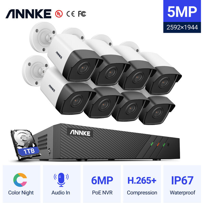 ANNKE Sistema de seguridad de red 8CH Super HD PoE 5MP 8 cámaras estilo