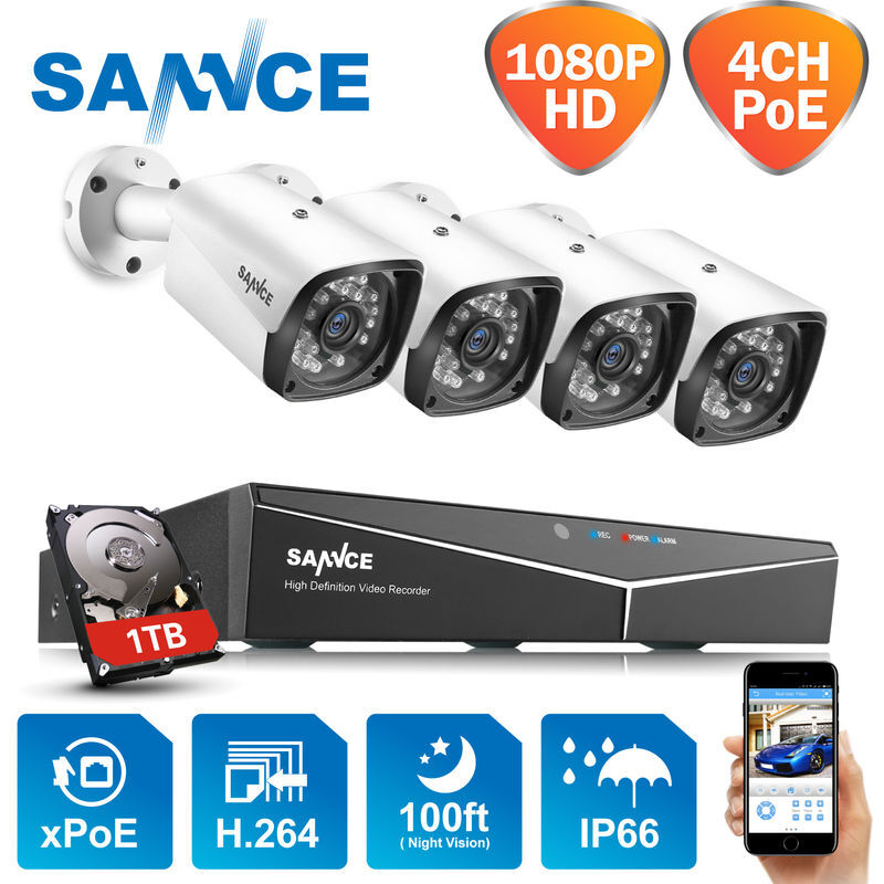 SANNCE 4CH 1080P PoE NVR HD Surveillance Kit 4 1080P 2.0 Megapixels Interior /