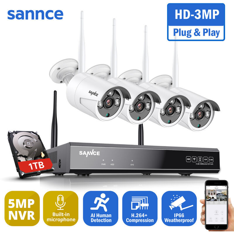 SANNCE Sistema de cámara de seguridad inalámbrica WiFi 1080P con 4 cámaras