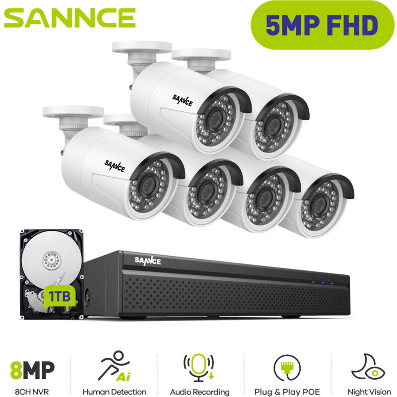 SANNCE Sistema de seguridad de video de red PoE FHD de 5MP, NVR de vigilancia