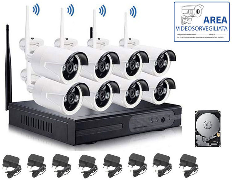 HOUSECURITY Kit Videosorveglianza Wireless Full Wifi Hd Ip 8 Telecamere Nvr Lan