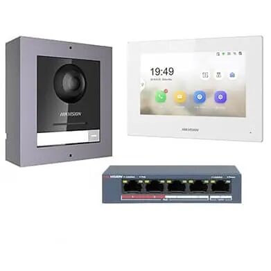 HIKVISION KIT-KD8003W-P Kit Videocitofono IP 2 Megapixel 180°+ cornice a parete con monitor bianco Touch Wifi e Switch PoE