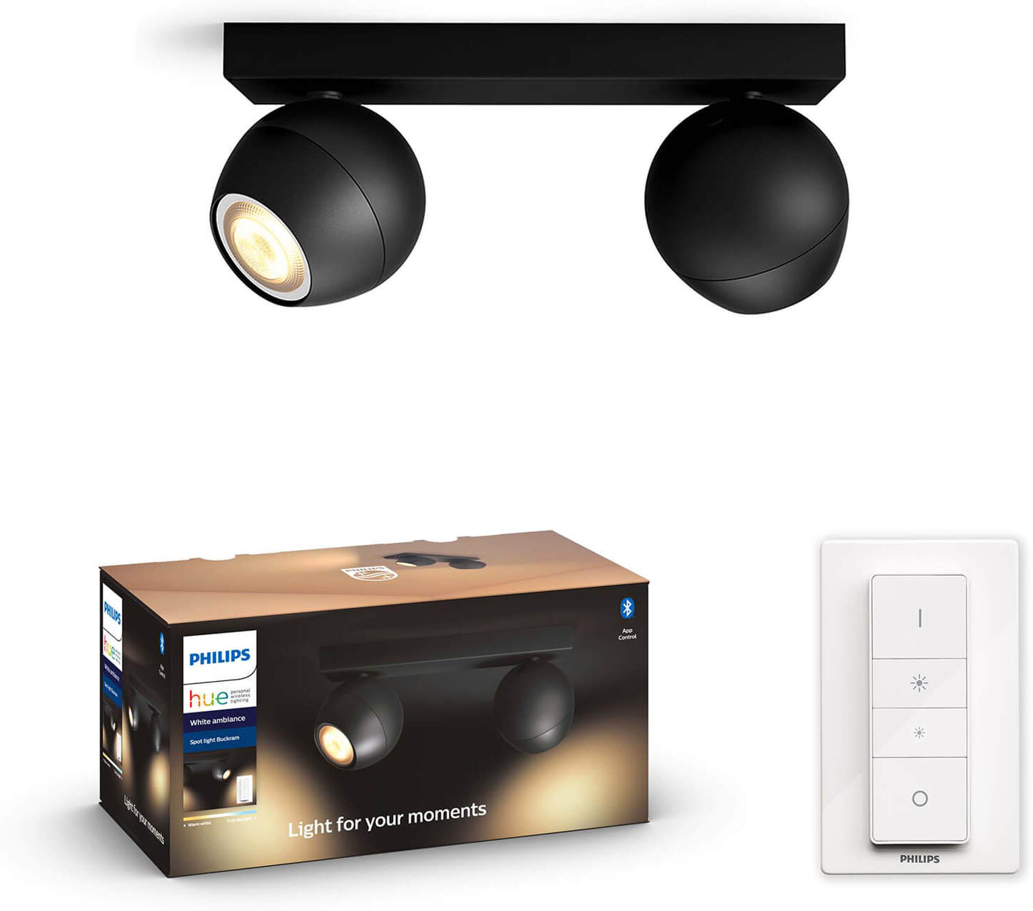 Philips Hue Buckram opbouwspot - White Ambiance - 2-spots zwart (incl. DIM switch)