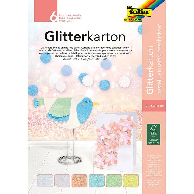 folia Glitterkarton-Block PASTELL 6-teilig in bunt