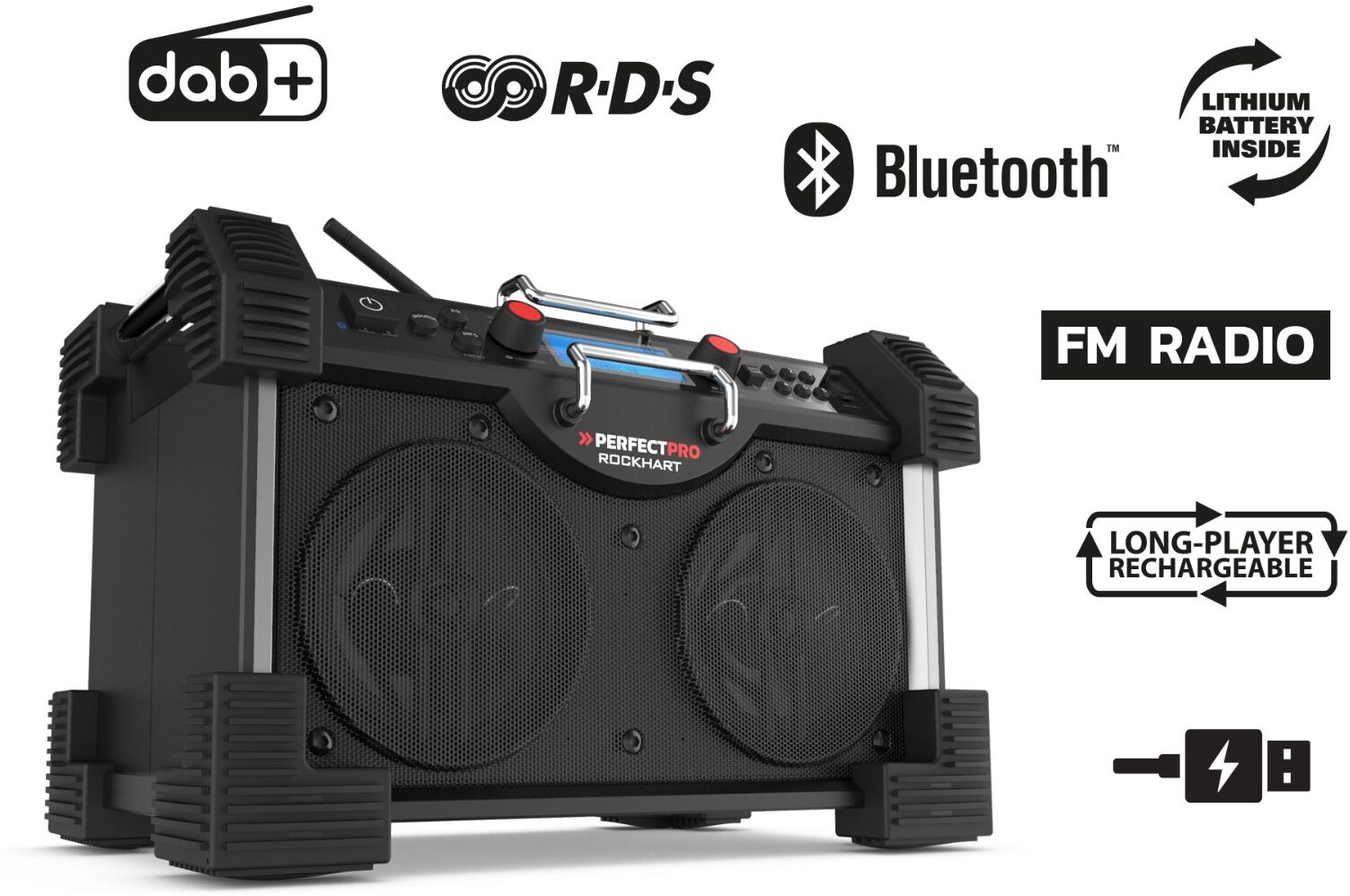 PerfectPro RockHart Baustellenradio 230 Volt Netz- oder Batteriebetrieb + 8 Batterien