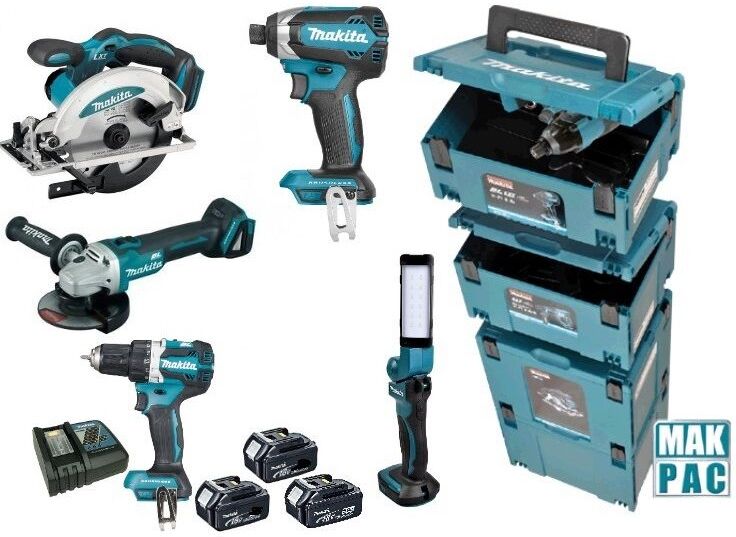 Makita DLX8000 Akku Spezial Set 18 Volt 5.0 Li-ion 4 Maschinen in Makpac Transportkoffer