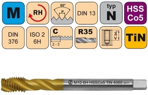 NÁSTROJE CZ Strojní závitník /CZZ4060/ pro jemný metrický závit se šroubovitou drážkou CZZ Závit: M12x1.25