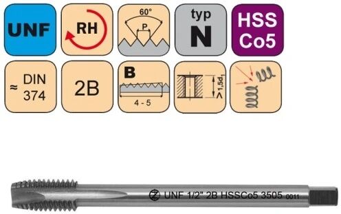 NÁSTROJE CZ Strojní závitník /CZZ3505/ pro americký unifikovaný jemný závit s přímou drážkou a lamačem Závit: UNF 3/8"-24-2B