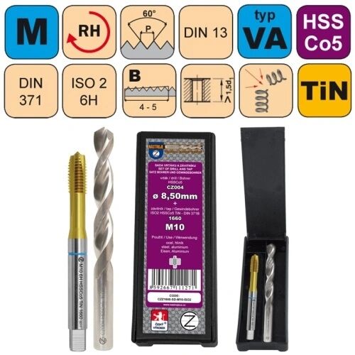 NÁSTROJE CZ Sada str. závitníku /CZZ1660/ HSSCo5 TiCN a vrtáku CZ004 HSSCo5 v plastové krabičce CZZ Závit: SD-M8