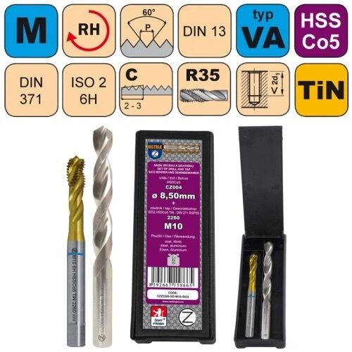 NÁSTROJE CZ Sada str. závitníku /CZZ2260/HSSCo5 TiN a vrtáku CZ004 HSSCo5 v plastové krabičce CZZ Závit: SD-M8