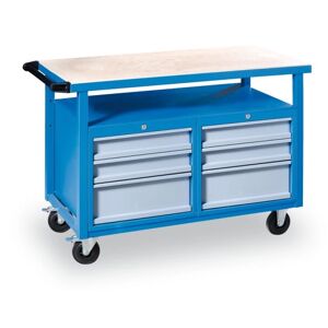 GÜDE Basic mobiler Werkstatttisch, Fichte + Buchensperrholz, 6 Schubladen, 1190 x 600 x 850 mm, blau