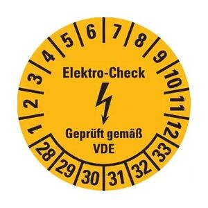 Dreifke® Prüfplakette Elektro-Check... VDE, 28-33, gelb, Dokumentenfolie, Ø 20mm, 36 Stk.