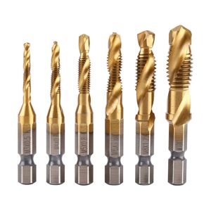 DEWIN Gewindeschneidwerkzeug-Gewindebohrer-Set, 6-teiliges Gewinde M3-M10 Titanbeschichtete HSS-Bohrer- und Gewindebohrer-Bits, 1/4 Zoll