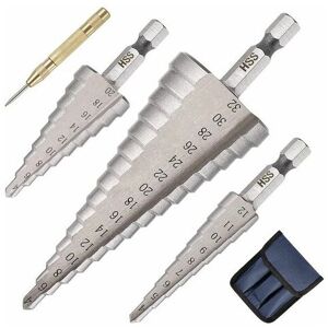 ETING Stufenbohrer, 3 stücke (4-12/20/32 mm) Doppelschlitz-Konus-Stufensenkbohrer mit HSS-Titanbeschichtung, Sechskantschaft, automatischer Zentrierkörner