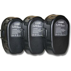 3x Akku kompatibel mit Dewalt DC390B, DC390, DC385K, DC385B, DC390KA, DC390K, DC390N, DC390KB Elektrowerkzeug (3000 mAh, NiMH, 18 v) - Vhbw