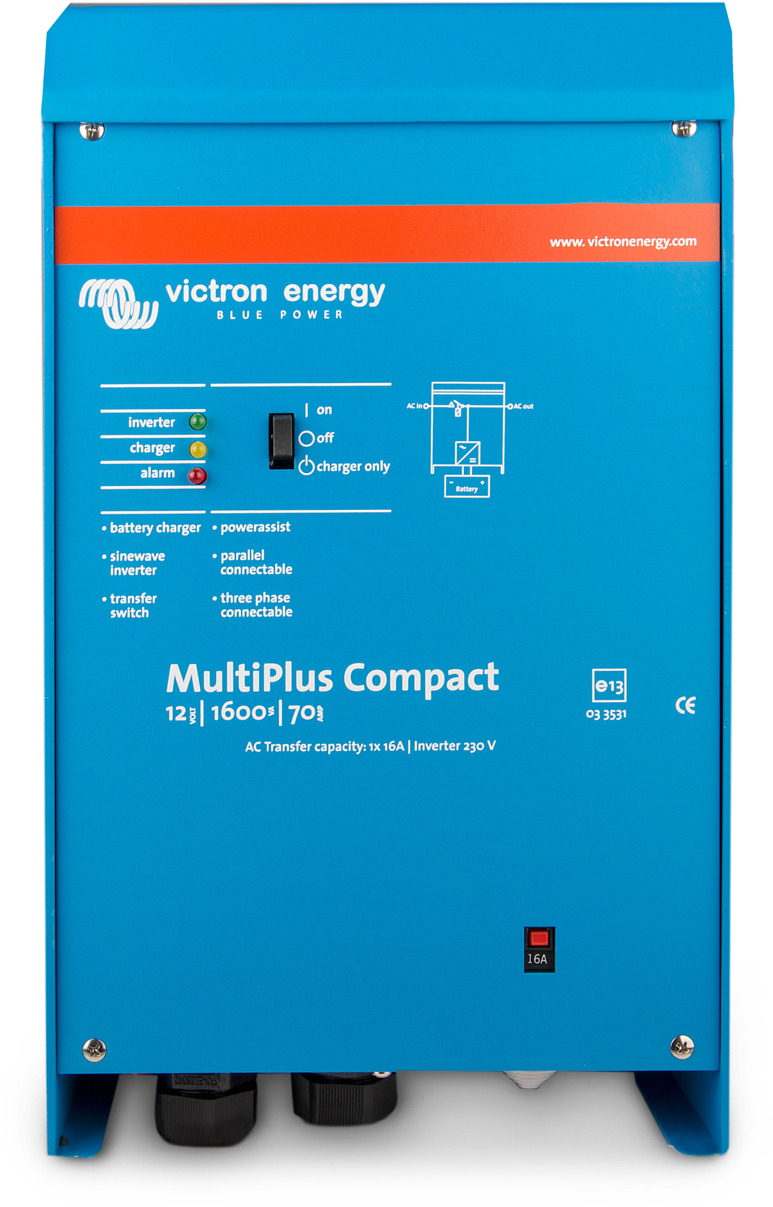 Wechselrichter "»Inverter / Charger Victron MultiPlus C 12/1600/70-16«" Wandler 1600 W, 12 VDC blau Elektroinstallation