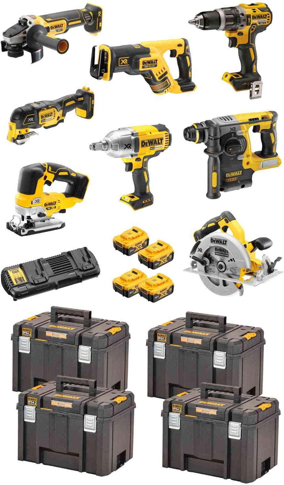 DeWALT Akku-Kombopack DCK865P4T-QW 18V 5Ah, inkl. DCD796, DCF 899HN1, DCH273, DCG405, DCS570, DCS367, DCS355, DCS334