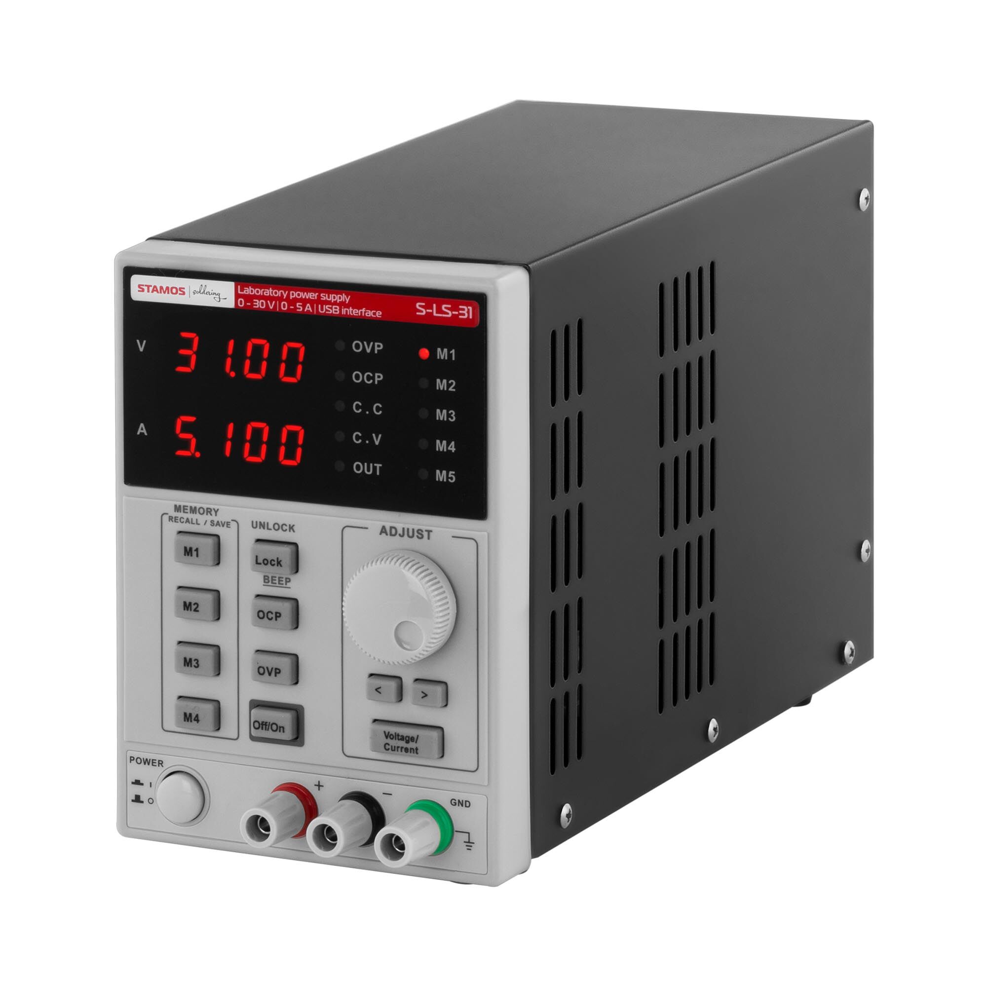 Stamos Soldering Strømforsyning - 0-30 V, 0-5 A DC, 250 W ¬¬¬- USB - 4 hukommelsespladser