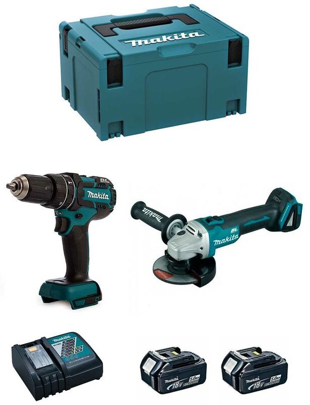 MAKITA Kit 18V MSL2P2A (DGA504 + DHP480 + 2 x 5,0 Ah + DC18RC + MAKPAC