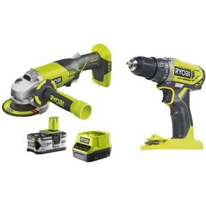 Pack Ryobi - Perceuse Visseuse 18V One Plus - R18DD2-0 - Meuleuse d'angle 18V One+ - R18AG-140S - 1 batterie 4.0Ah - 1 chargeur rapide