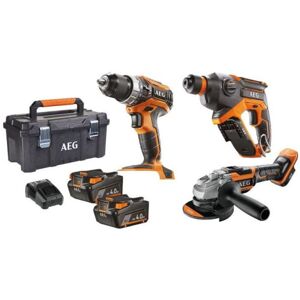 AEG - Pack perceuse a percussion + perforateur brushless + meuleuse 125 mm Brushless powertools - 18 v - Avec batteries et caiss - Publicité