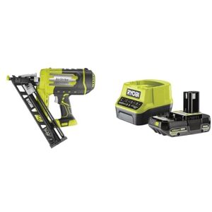 RYOBI Cloueur de finition incliné 15G à air comprimé 18V pointe de 25 à 64 mm tête 1,8 mm inclinaison 34° chargeur 110 pointes Livré avec 100 pointes 1 batterie 2Ah et 1 chargeur rapide - Publicité